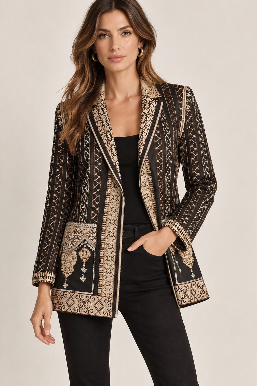 NWT Kobi Halperin Alynn Embroidered Linen-Blend Jacket black gold tan XL $798